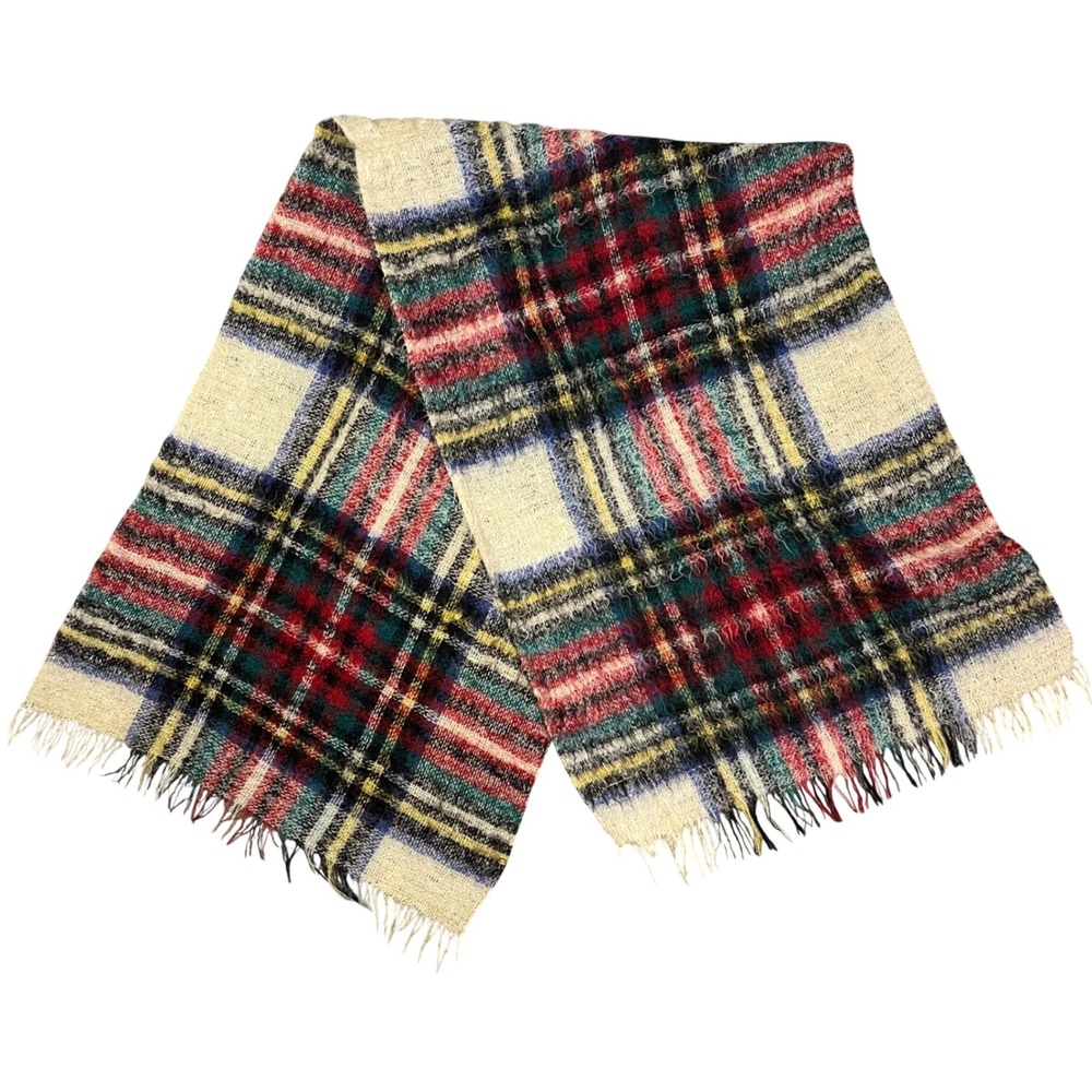 Vintage The Bon Marche Scotland Wool Plaid Shaggy Scarf Wrap Multicolor 66x22